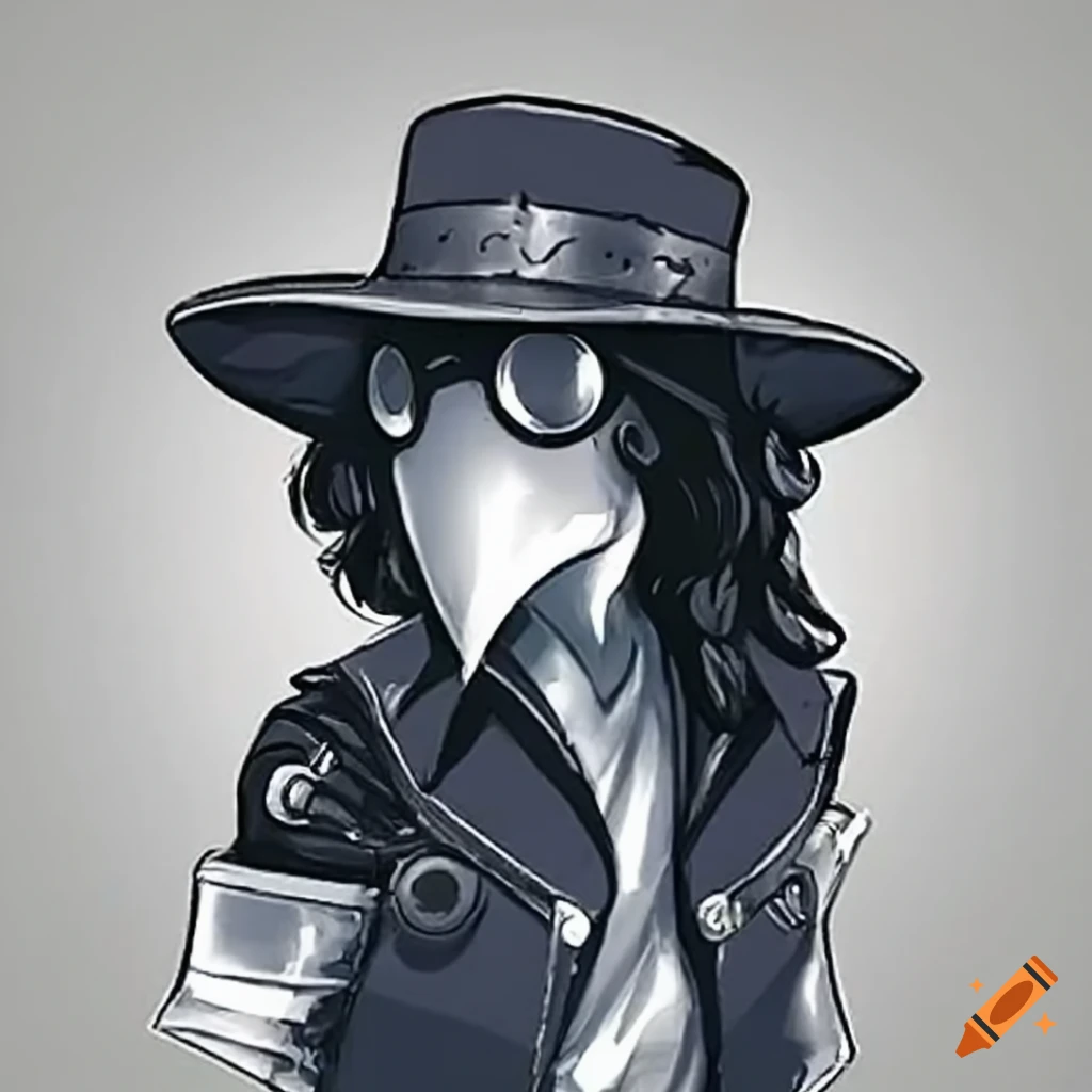 Strong-willed heroine in dynamic 90s manga style with a plague doctor mask and sleeveless jacket