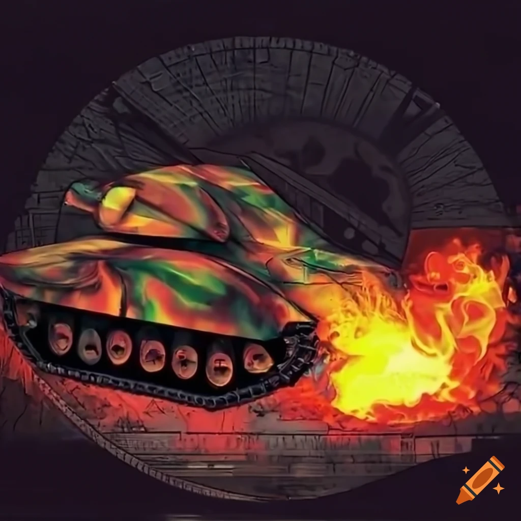 Dystopian death tank engulfed in flames with super sharp detail in 8K quality