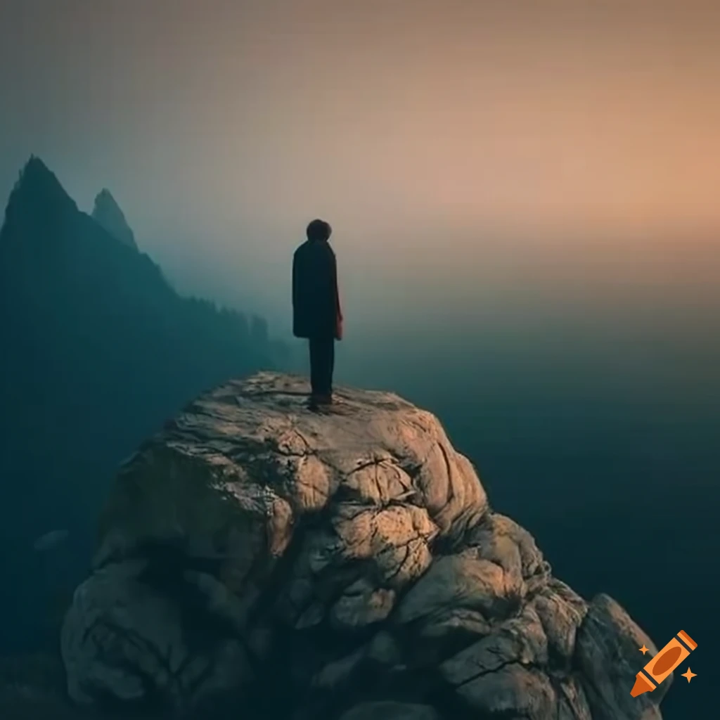 Man standing on rocky precipice overlooking fog-covered landscape with mountains and trees in the distance
