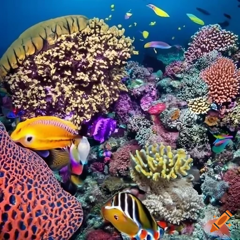 Vivid underwater world with colorful corals, fish, turtles, and manta rays