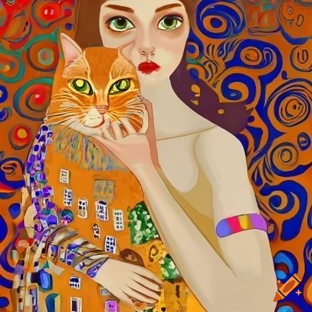 Woman petting a cute orange cat in a surrealistic style by Gustav Klimt ...
