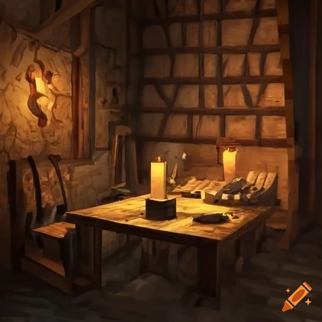 Medieval crafting table inside view with furs at the Wall