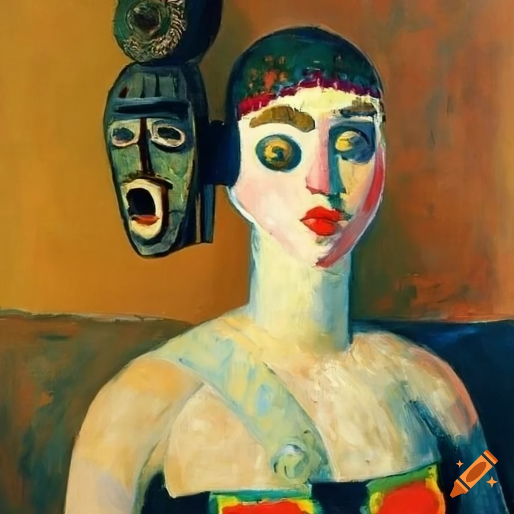 Ballerina sitting at a table with an African mask in Outsider art style