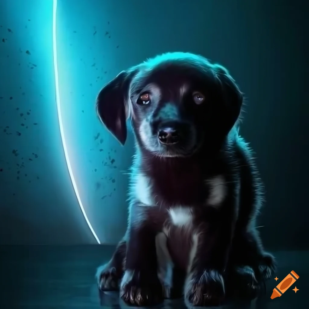 Futuristic scene with neon backdrop featuring a Husky and a black Labrador puppy together