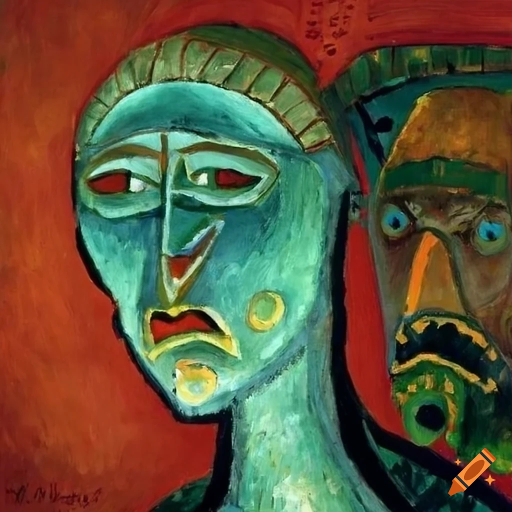 Beautiful sad witch sitting near a table with an African mask, Outsider art style