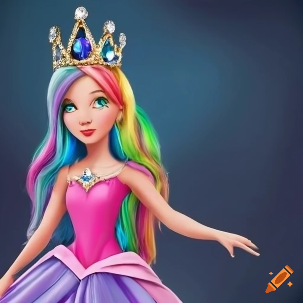 Princess with rainbow hair wearing a gold crown in a pink dress