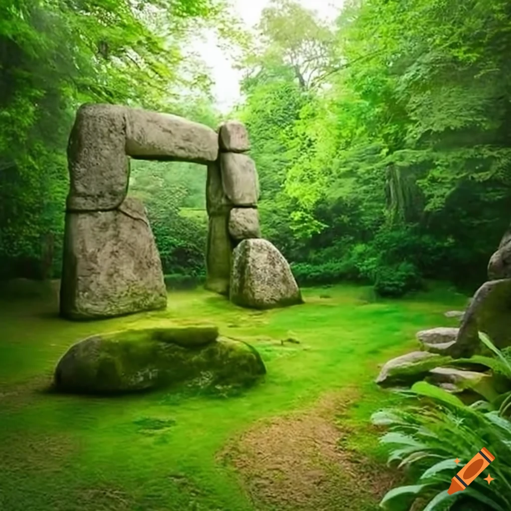 Lush oasis with megalithic structure