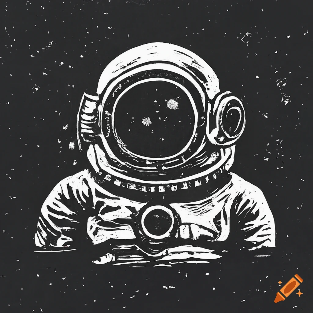 Astronaut in a diving helmet floating in deep space linocut artwork