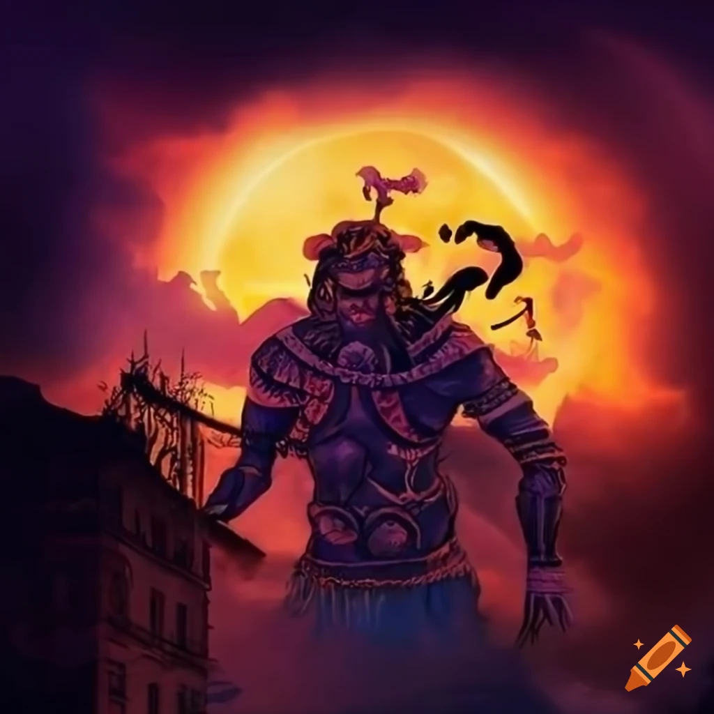 Serbian mythology scene with the black sun in the sky