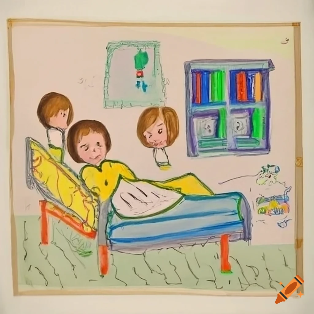 Child's drawing of a nurse with a patient in a hospital bed