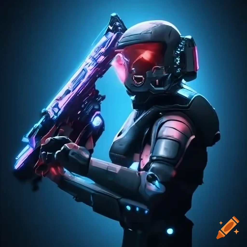 Virtual character with high-tech weapon in a pulsing neon sci-fi scene