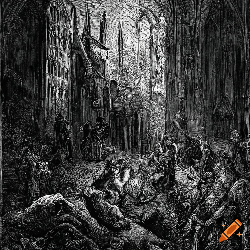 Detailed monochrome woodcut illustration of a sinister gothic tavern scene by Gustave Doré