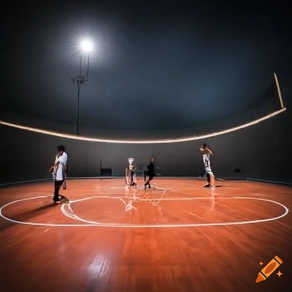 Basketball playground with people inspecting installations