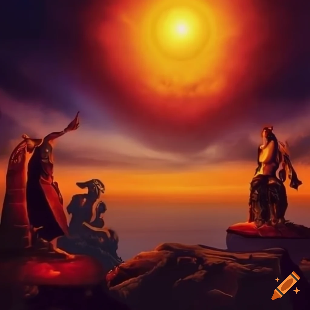 Serbian mythology scene with the black sun in the sky