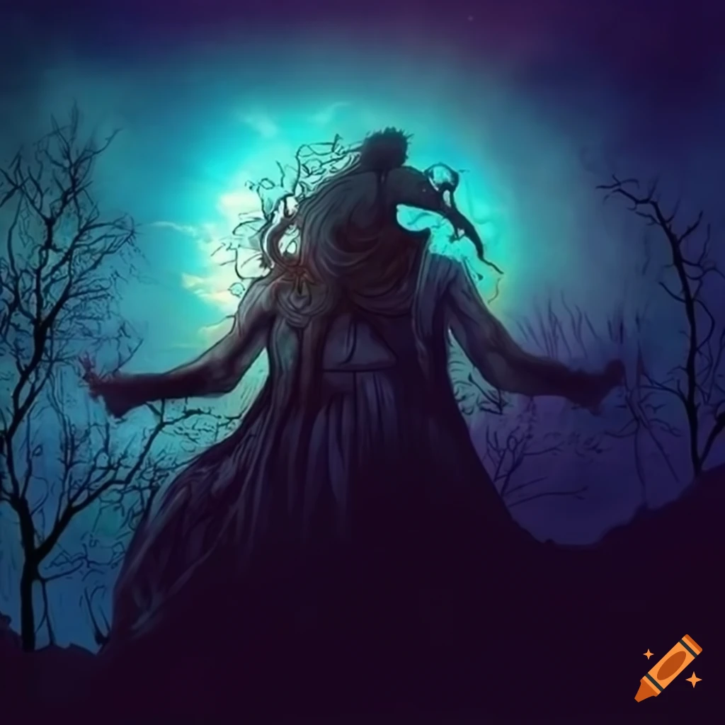 Serbian mythology scene with the black sun in the sky