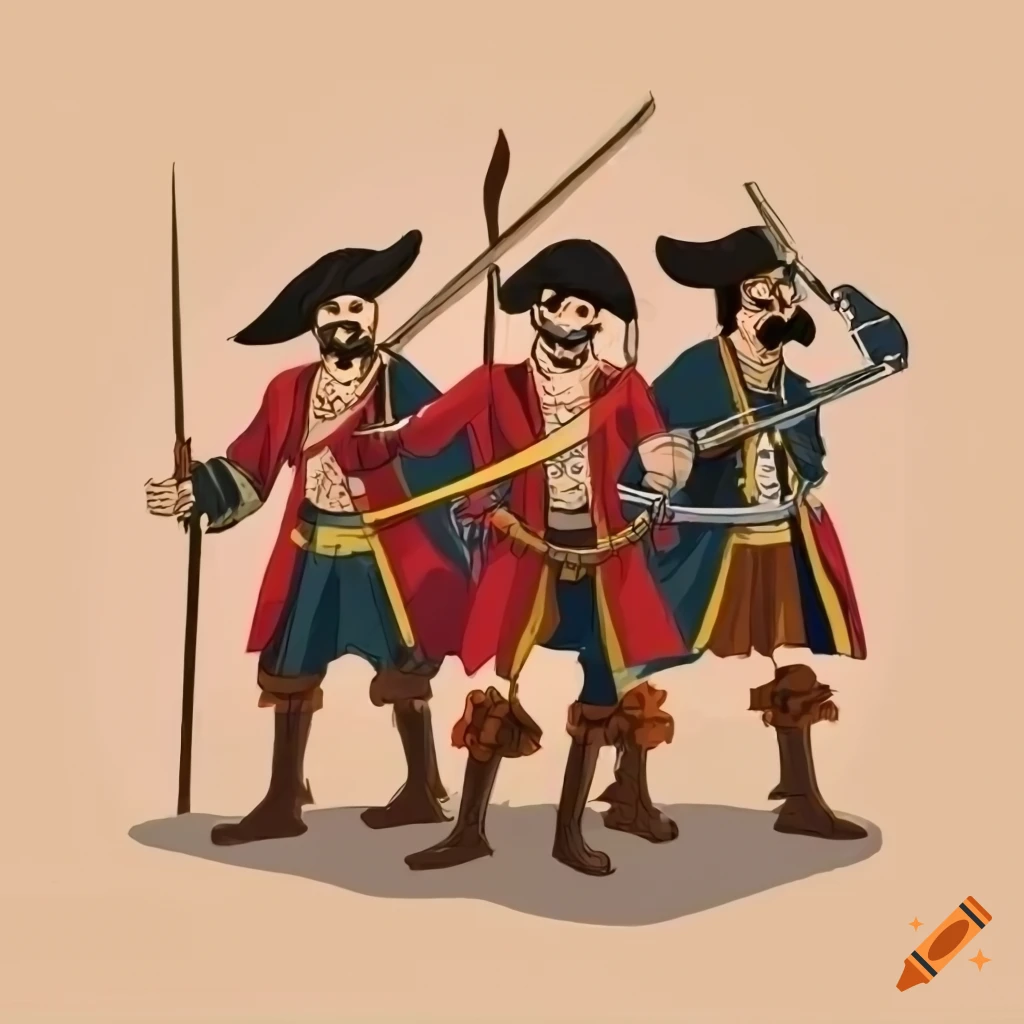 Group of pirates with sabres and muskets in comic style illustration