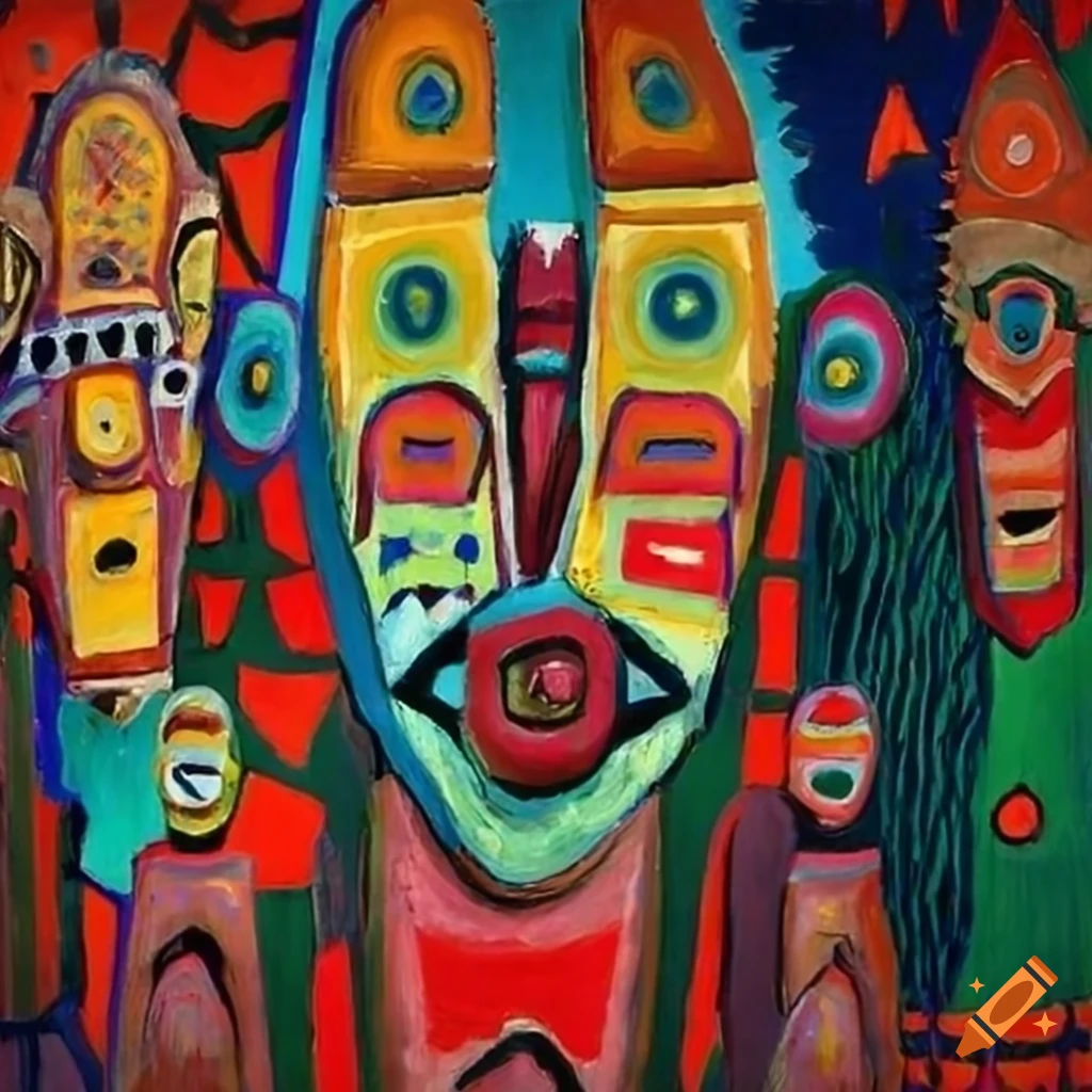 Two boys dancing in a colorful field with African masks and aliens in an Outsider art style