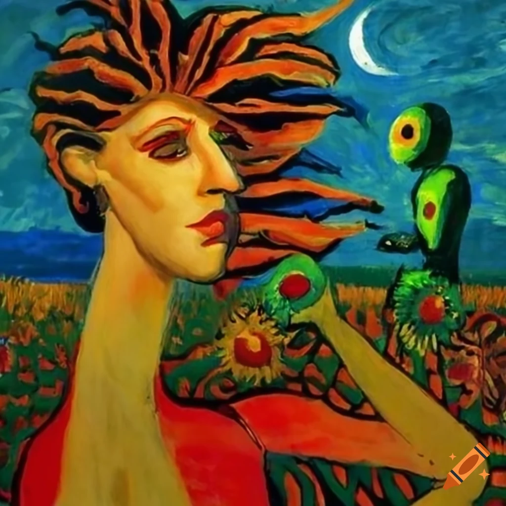 Graceful witch dancing with moon and aliens in field of African masks and sunflowers