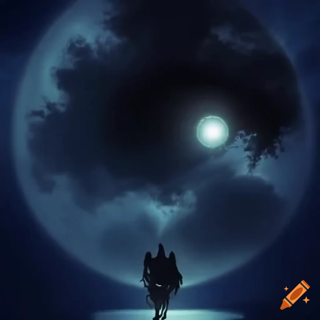 Greek mythology scene with a black sun in the ethereal sky