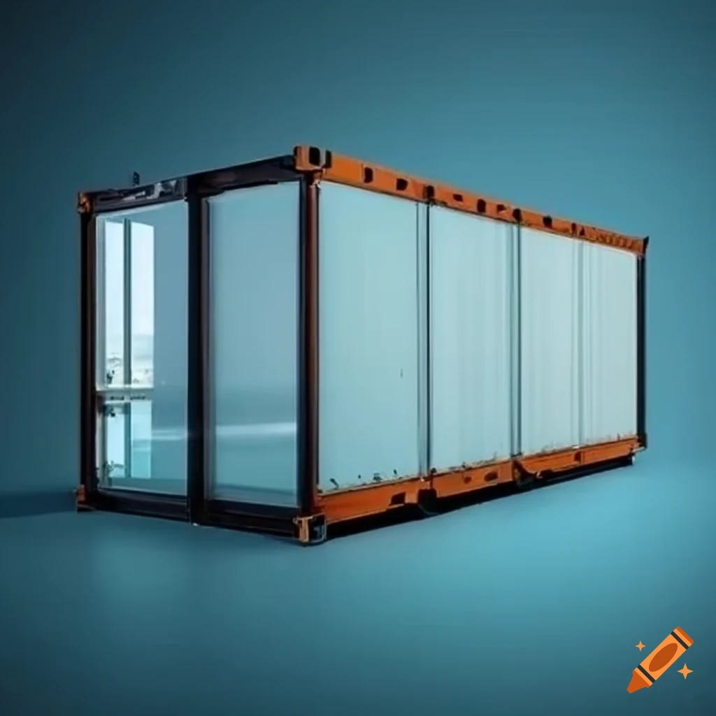 Rectangular shipping container covered in reflective tempered glass