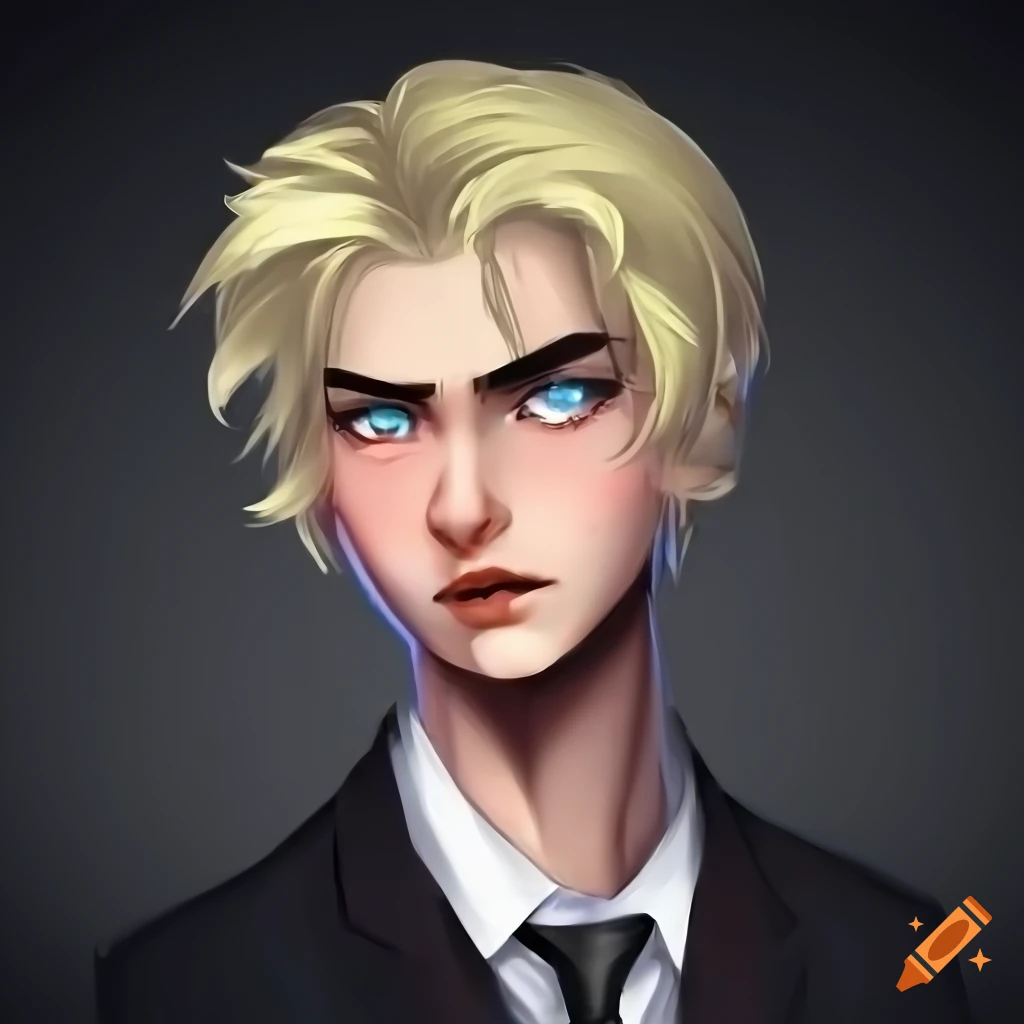 Androgynous character with short blonde hair and blue eyes in formal attire