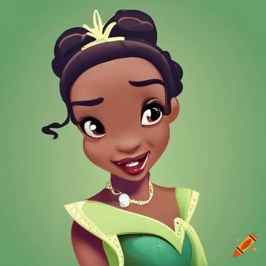 Cartoon version of Princess Tiana and the frog on a green background