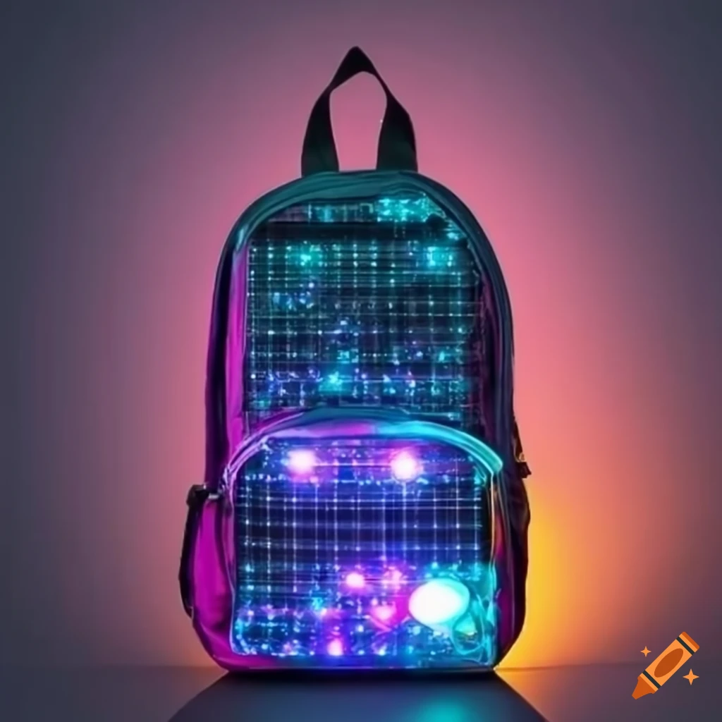 Schoolbag with LED lights, solar panels, and built-in music player