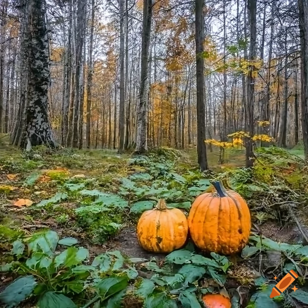 Eerie lake with autumn vegetation and glowing decayed pumpkins