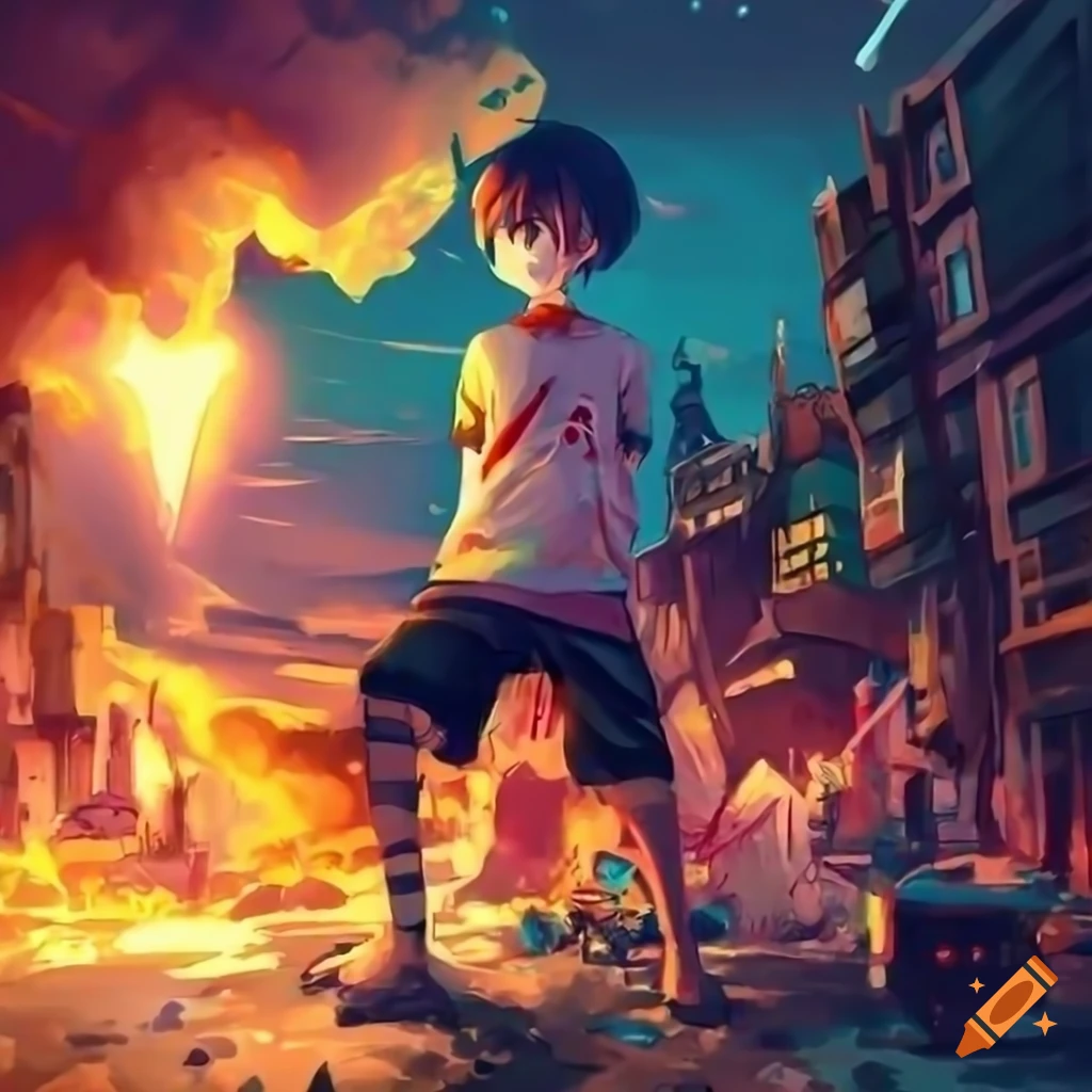Giant boy destroying miniature city in anime style art on Craiyon