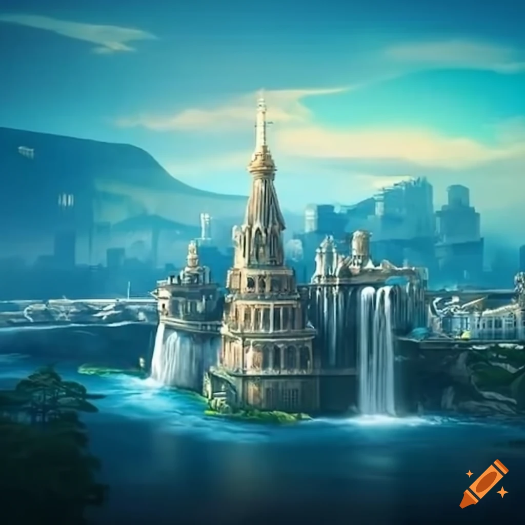 Fantasy Chinese port city with spired palace atop a waterfall
