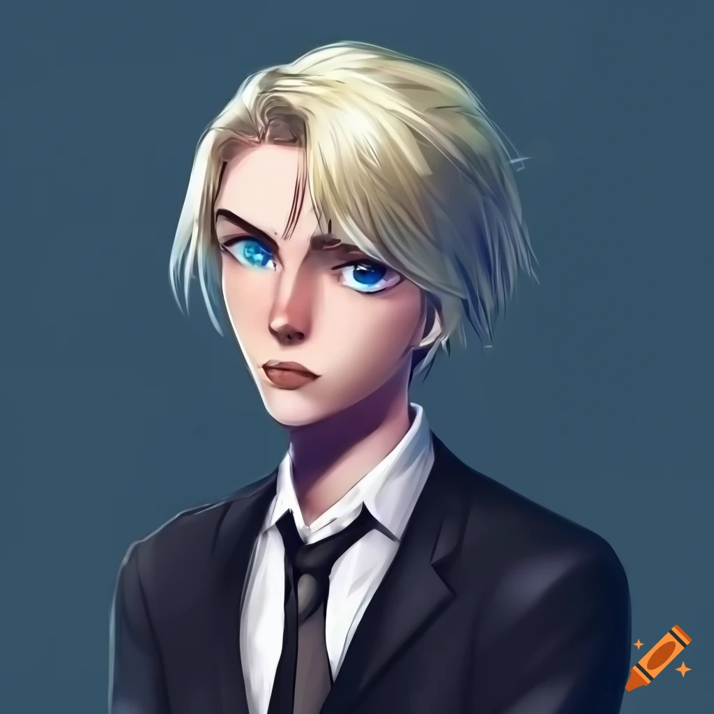 Blonde androgynous character in formal suit with piercing blue eyes
