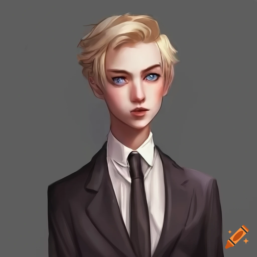 Androgynous character with blonde hair and piercing blue eyes in a formal suit