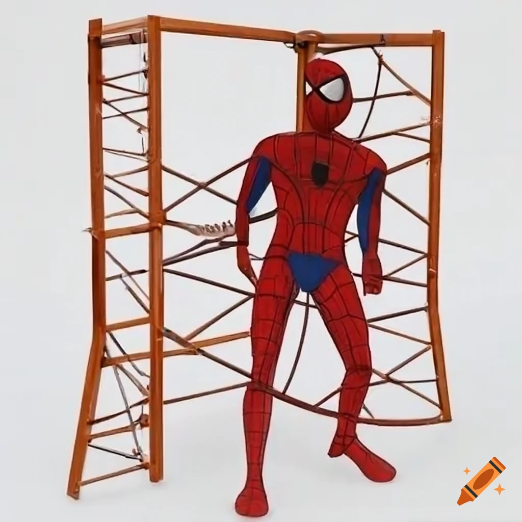 Spider-man metal climbing frame with surrounding brown blocks of flats