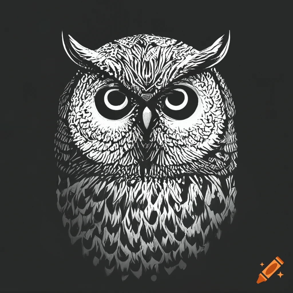 Intricate grey owl head icon on a starry night sky background