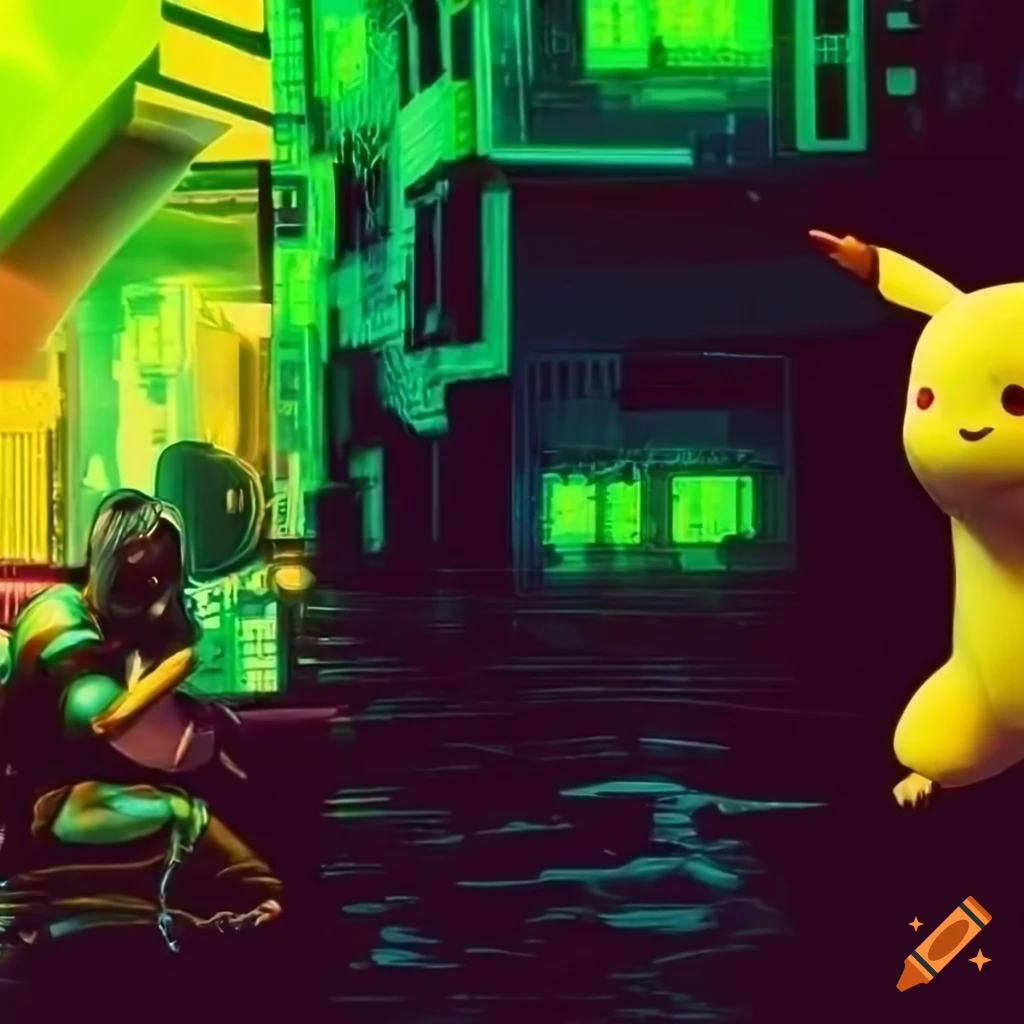 Samus Aran with Pikachu in a neon cyberpunk setting with soft focus on ...