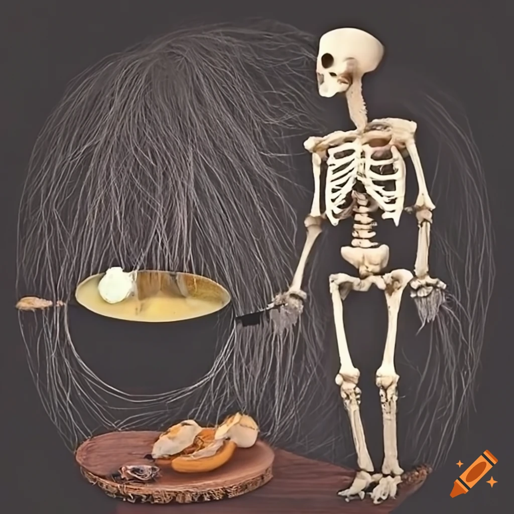 Skeleton with long hair cooking soup