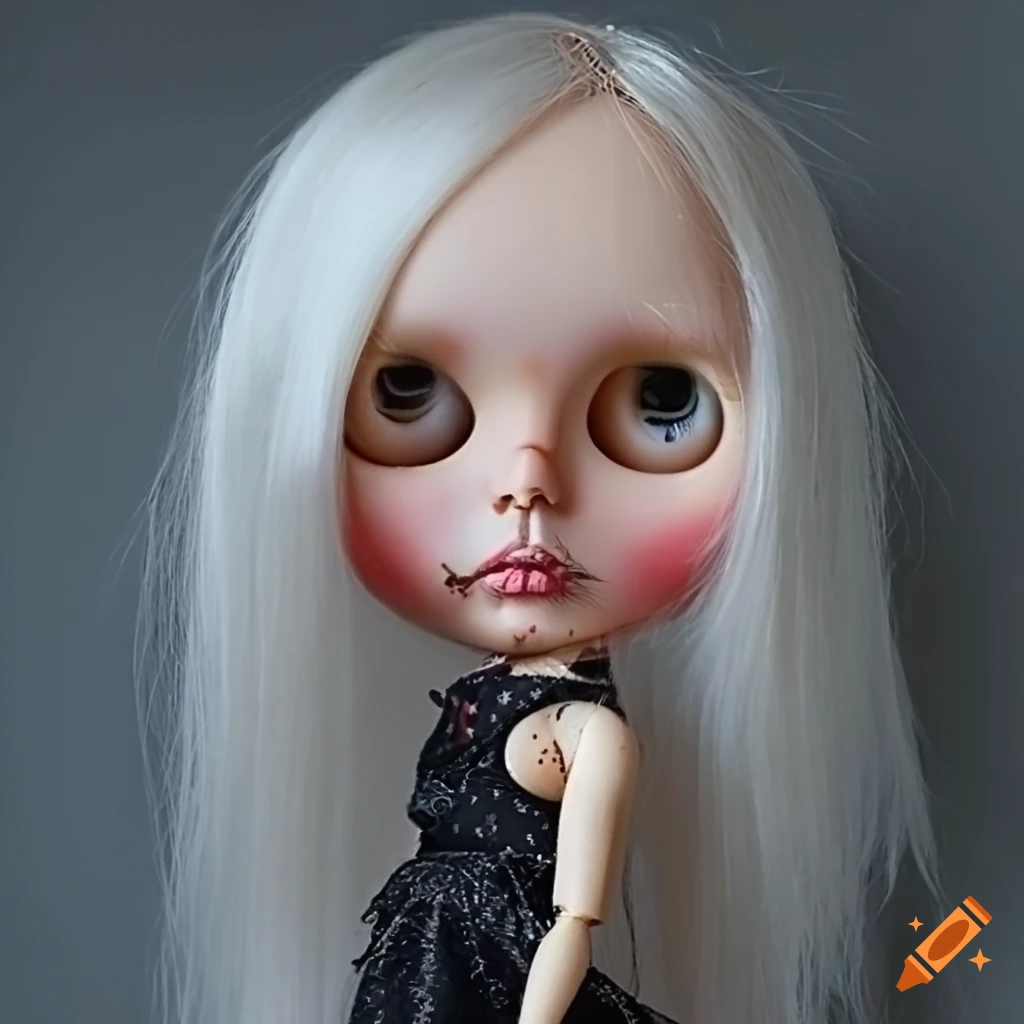 Blythe doll with pale skin, white hair, and brown eyes in a romantic ...