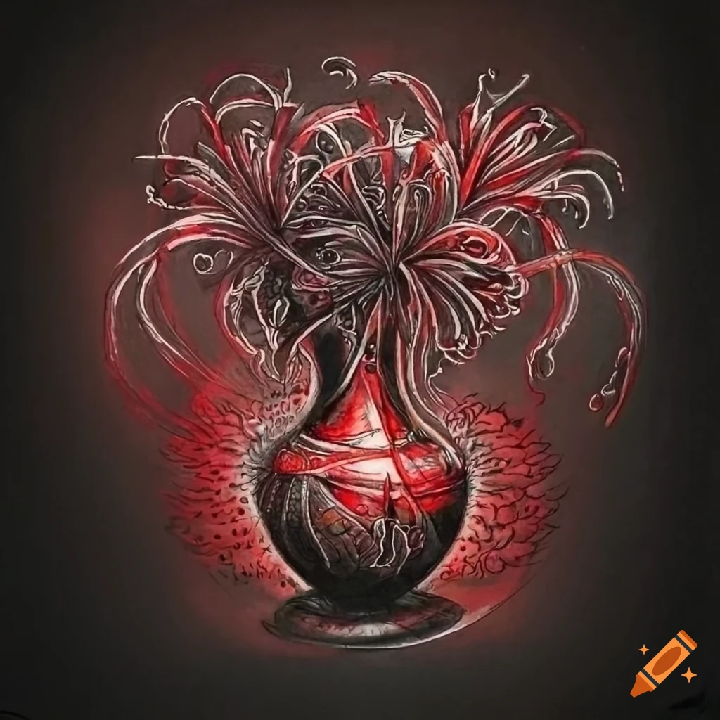 Intricately detailed black and red ink drawing of spider lilies in a vase