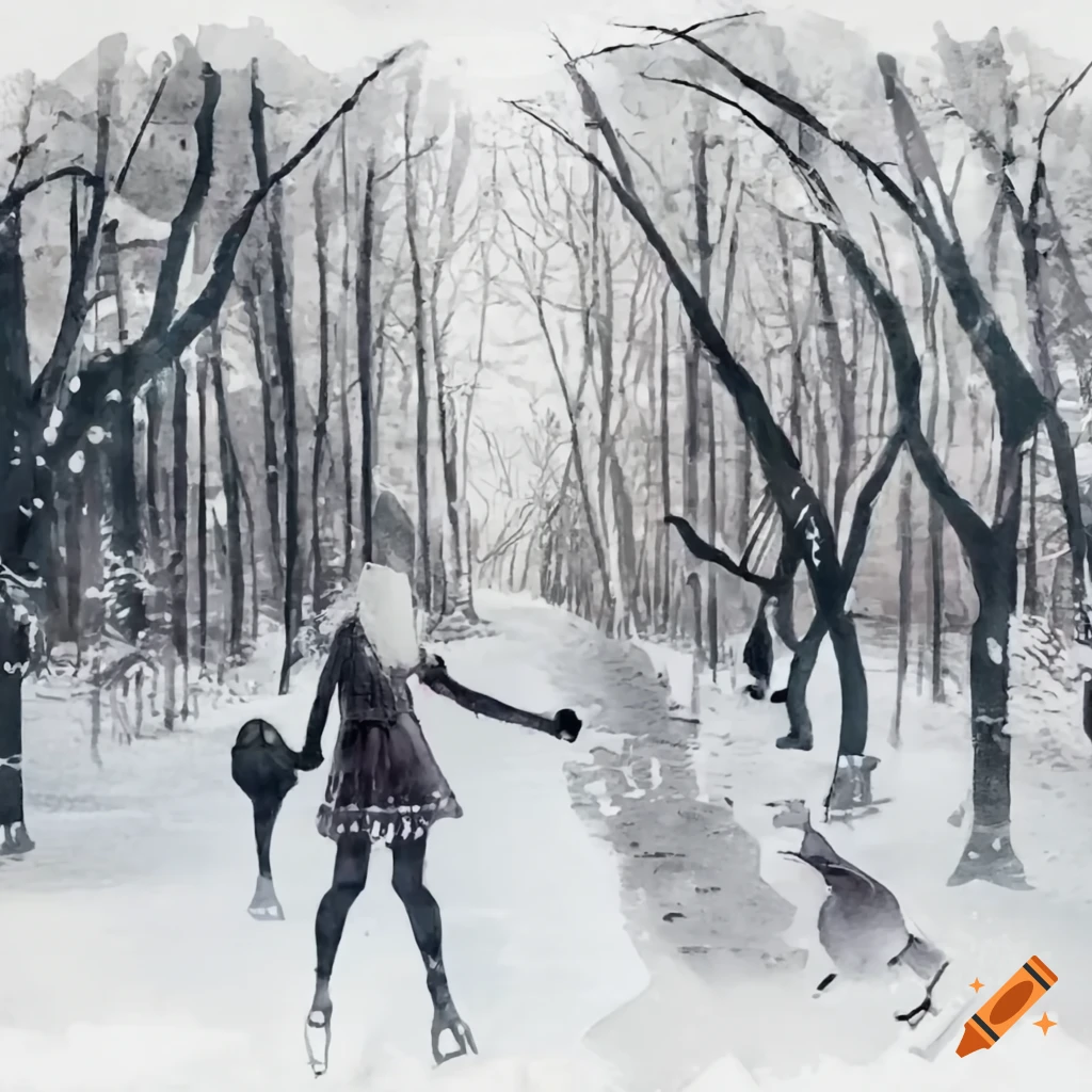 Women ice skating in a winter park with a gray cat watching