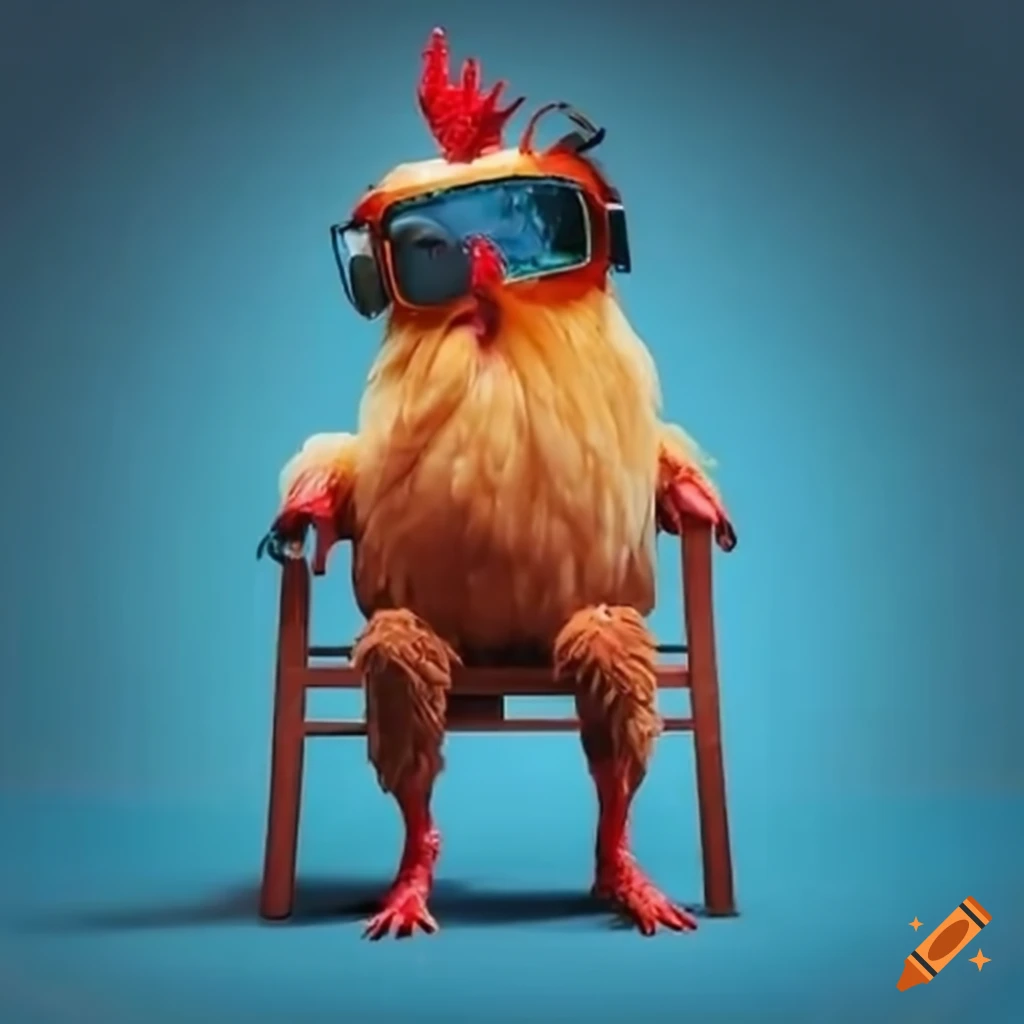 Chicken in flight goggles on a chair being pulled by a tricycle on a bridge