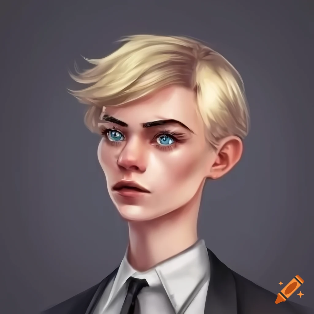 Androgynous character with short blonde hair and piercing blue eyes in a formal suit