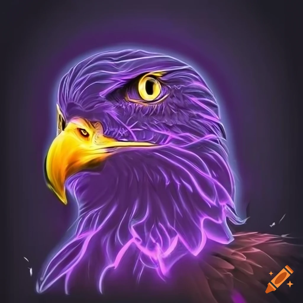 Glowing neon purple eagle head in digital art style