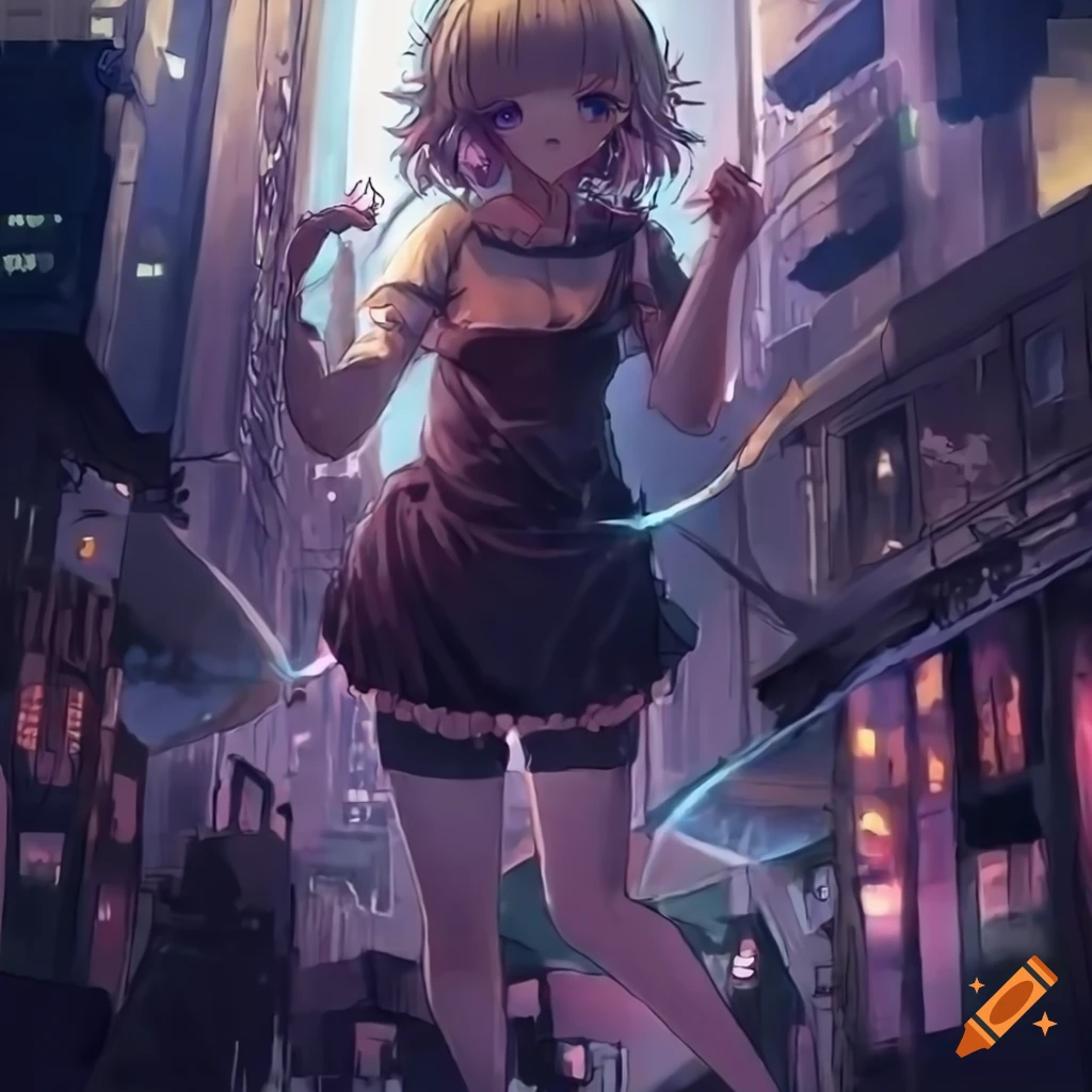 Giant girl destroying a tiny city in anime style artwork