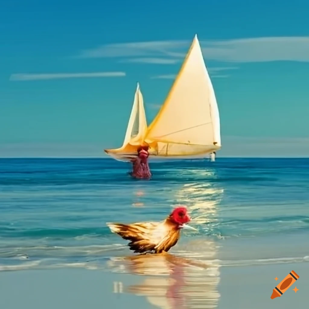 Hen at the beach with sea and sails in the background