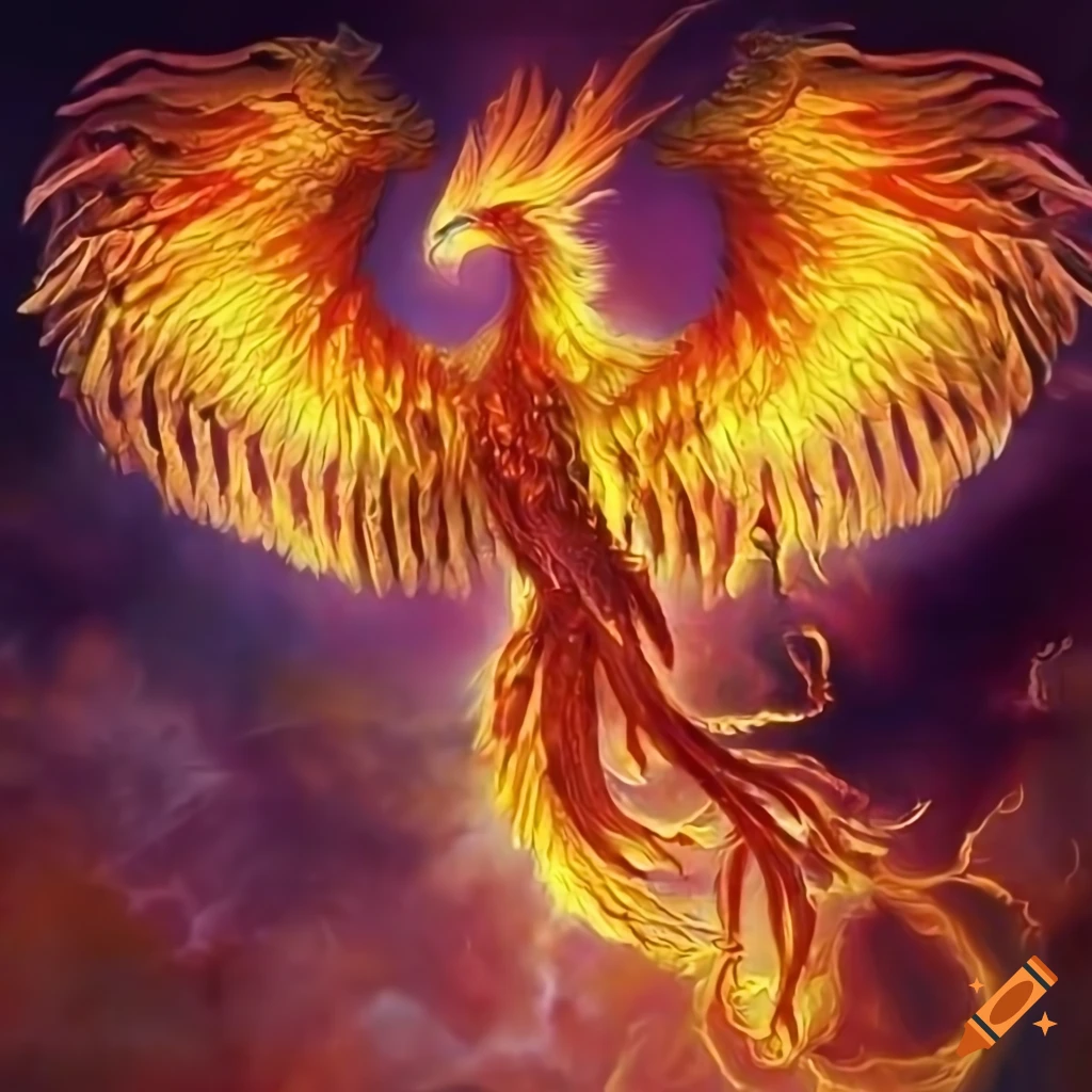 Vibrant mythological scene of a Phoenix and tiger in action