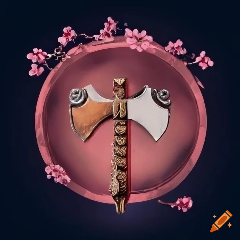 Medallion featuring double-sided axe and cherry blossom tree outline