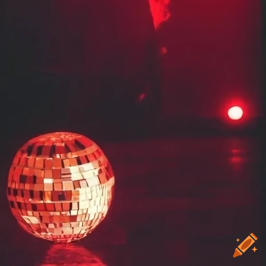 Broken disco ball on dancefloor reflecting smiley face logo with red lasers