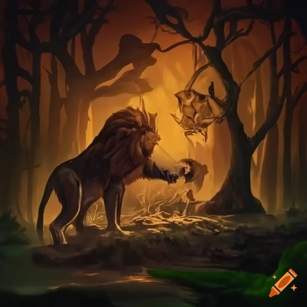 Lion hunting its prey in a sunlit swamp in fantasy art style