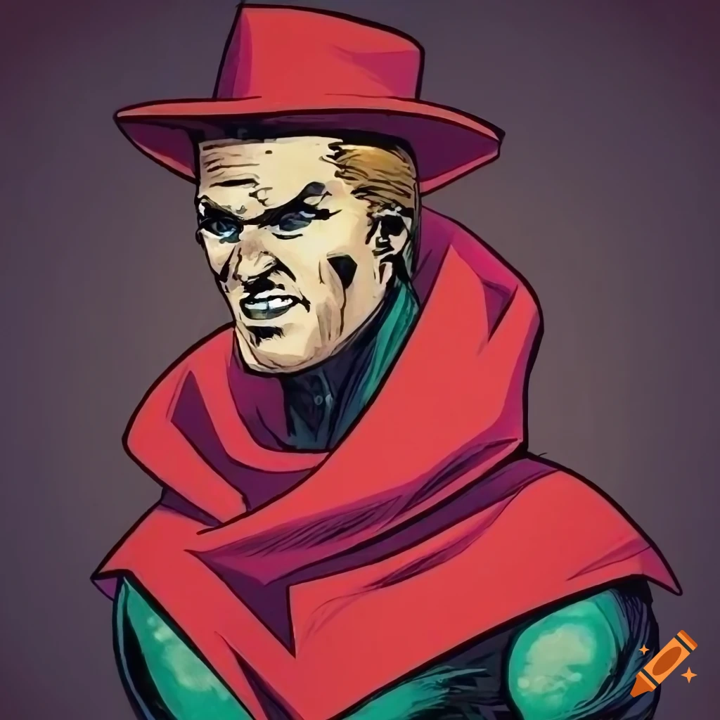 Vintage-style comic hero in red cape and fedora confronting a mysterious figure
