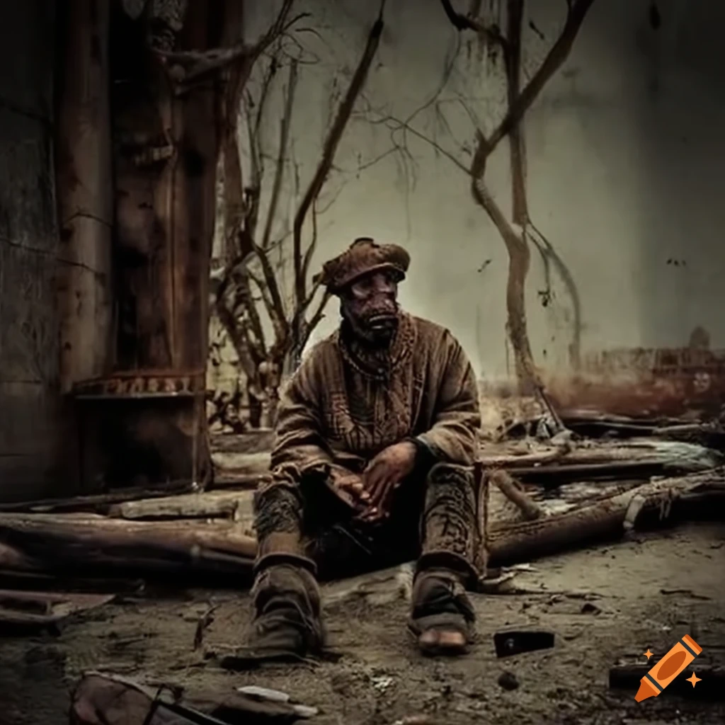 Rugged and weary survivor by rusted pipes in a post-apocalyptic scene